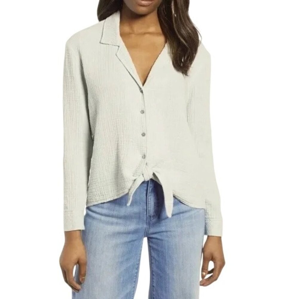 1 State Gauze Shirt Size Medium Crinkle Button Up Tie Front Long Sleeve Cotton